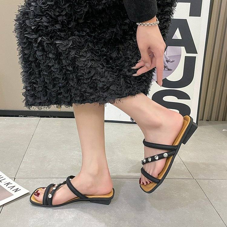Women's Slide Slippers, New Summer Style Low Block Heel French Casual Outdoor Wear Fairy Style Metal Fashion Women Slippers