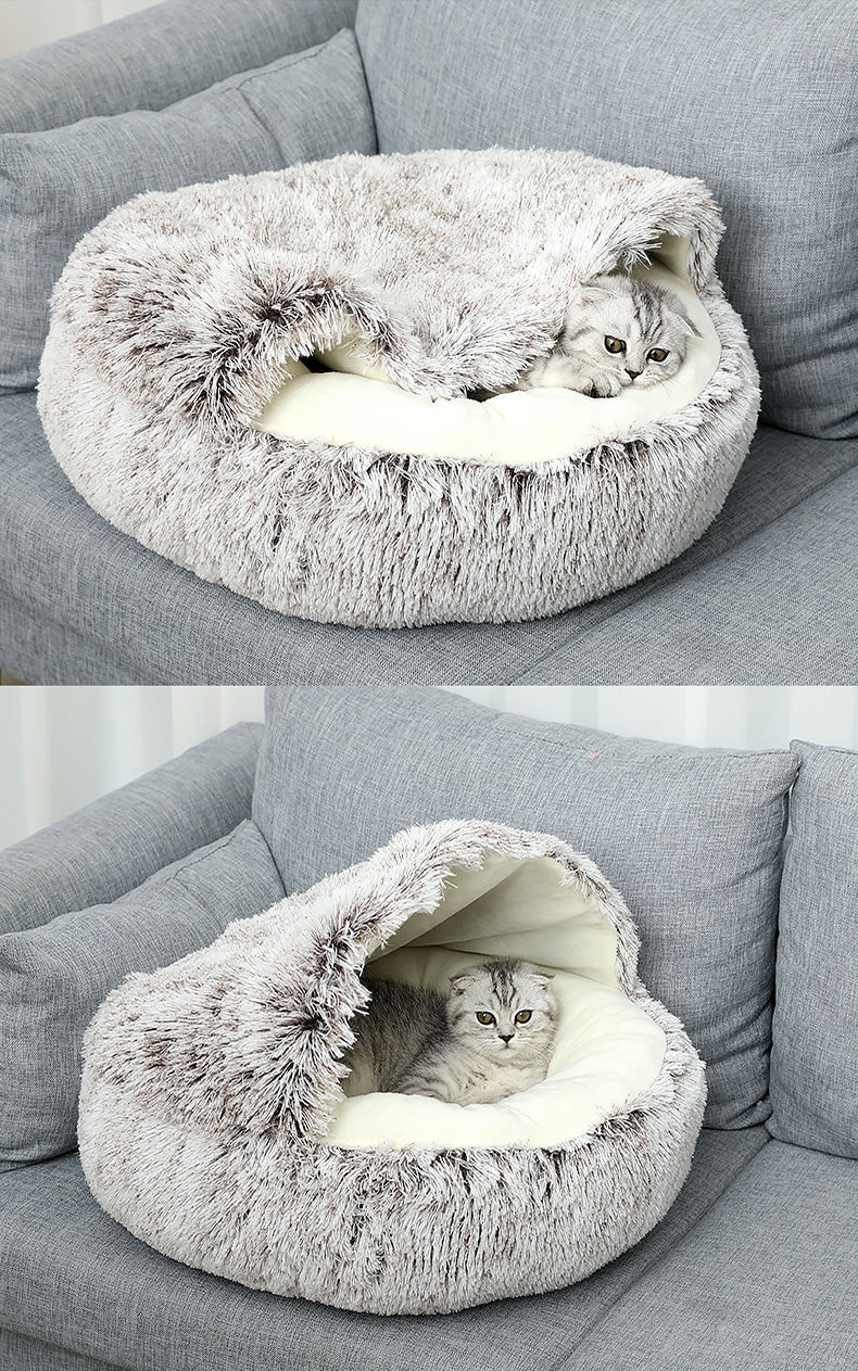 Long-haired Plush Warm Semi-enclosed Windproof Shell Cat Beds, Winter Pet Beds, Small And Medium-sized Dog And Cat Beds, Pet Supplies