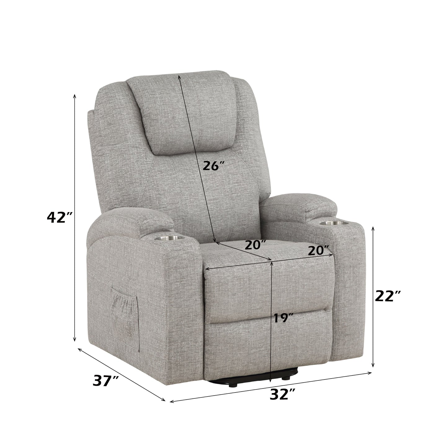 Light Gray Chenille Recliner W Power Lift & Massage
