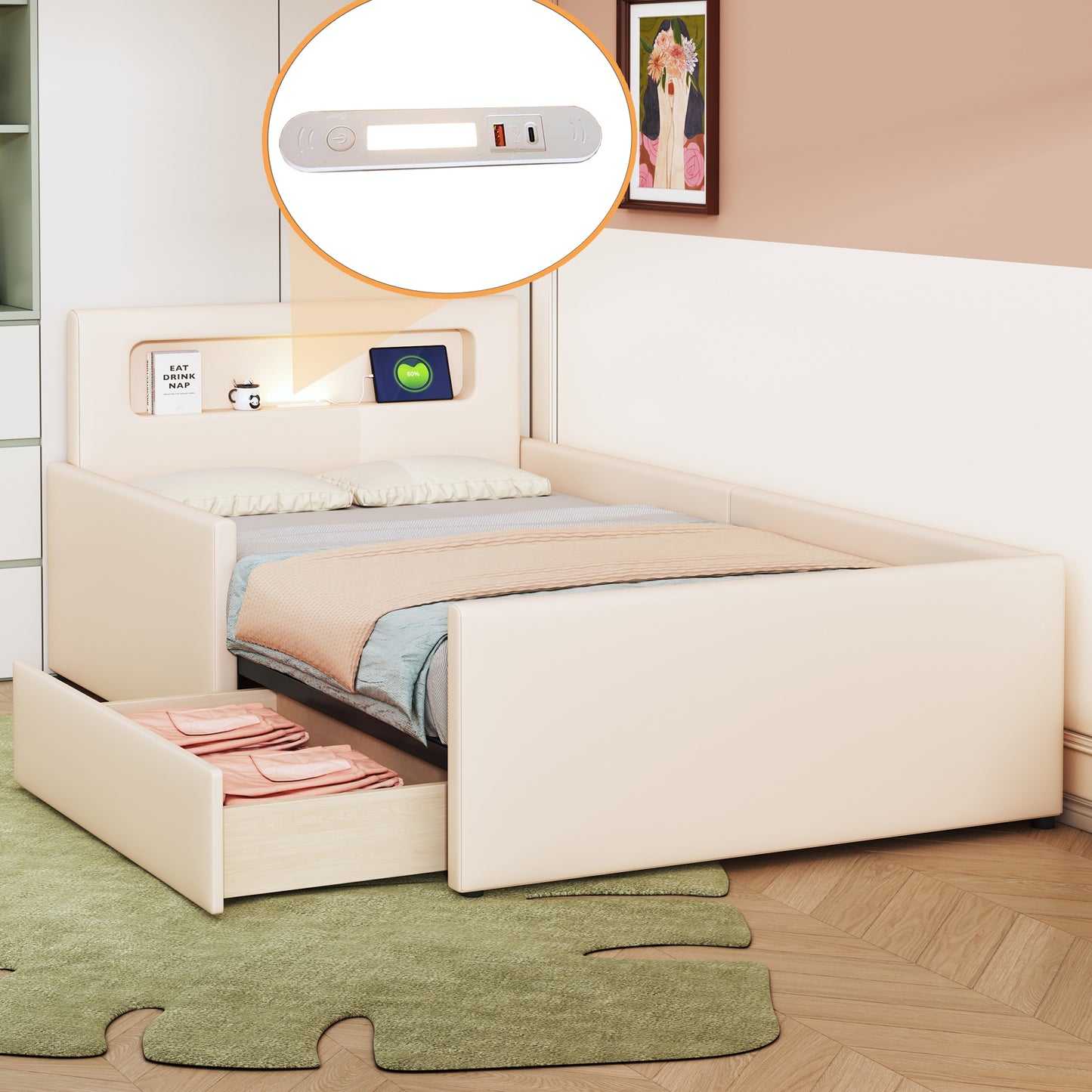 Upholstered Bed Children's Bed 90X200 Cm, With Night Light And USB Charging Port, With Storage Compartments, Raised Side Panels For Security, Simple Single Bed, Boy And Girl Bed, Faux Leather Fabric,