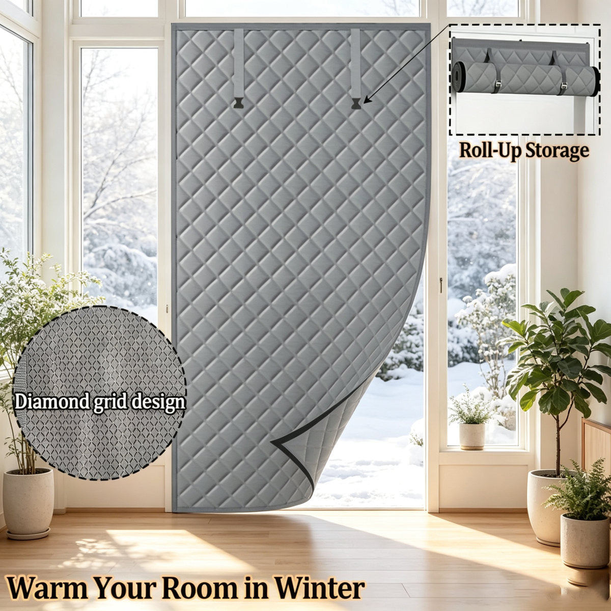 Grey Diamond Grid Quilted Thick Cotton Thermal Insulated Door Curtain, Wind Sound Dust Barrier Foldable Roll Up Door Drape With Storage Buckle, Double Installation Hardware