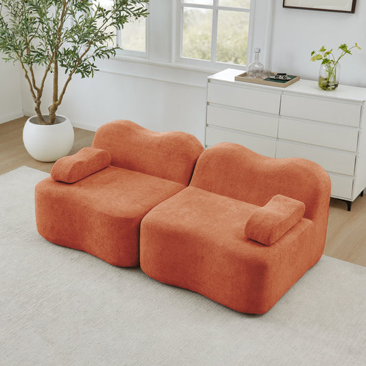2 Seater Modular Boneless Sofa, Wave Shape, Deep Seat Cushions, Movable Armrest Cushion, For Living Room & Apartment, No Setup Required, Orange