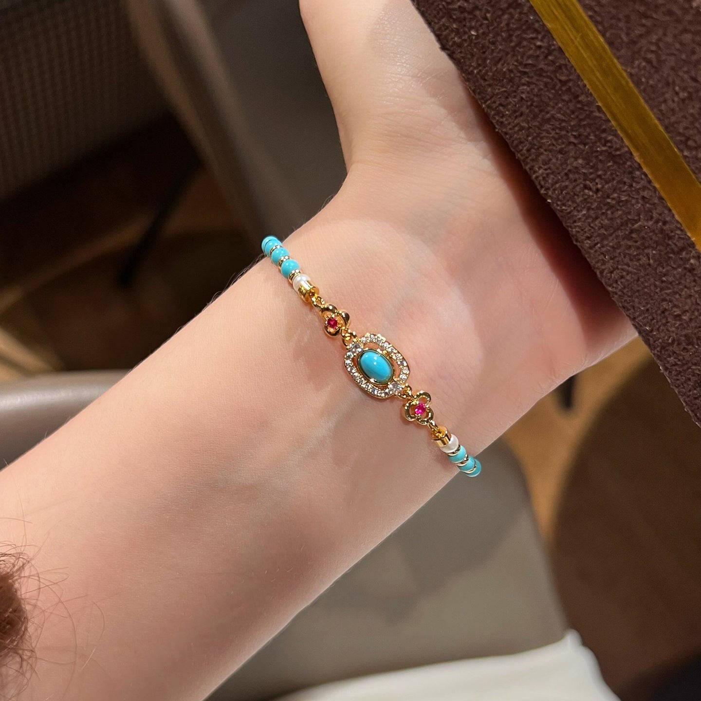 New Chinese-Style Ancient-Style Imitation Turquoise Beaded Bracelet, Stackable Metal Flower Bracelet, Versatile And Stylish Jewelry For Women