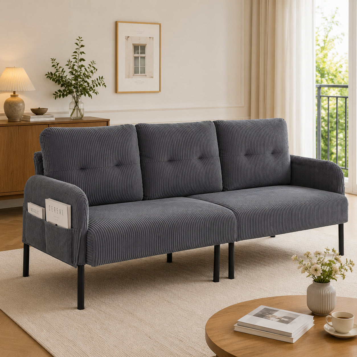 Corduroy Three-seater With Soft Comfort Upholstery, High Backrest And Practical Side Pockets. Sturdy Metal Feet And Sturdy Construction. Versatile For Living Room, Bedroom Or Home Office.