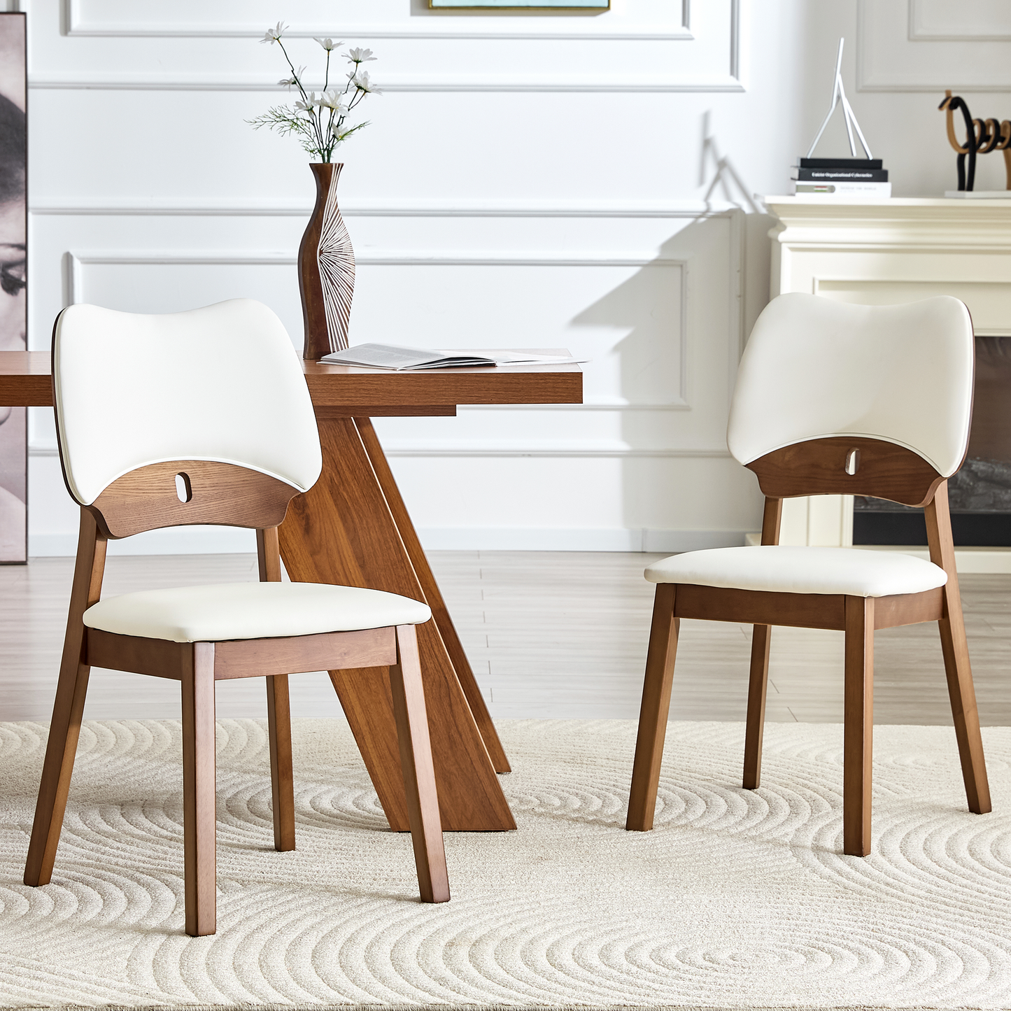 2 Walnut Colored Solid Wood Dining Chairs, With White PU Soft Packaging On The Backrest And Seat Cushion, Hollowed Out Design Backrest, For Home Dining Chairs.