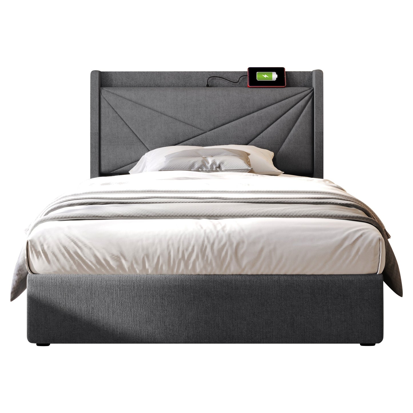 Upholstered Bed Single Bed Storage Bed Box With USB Type C Charging Function Headboard,Storage Beds Bed Frame Made Of Linen Material Youth Bed 90x200 With Slatted Base  Without Mattress