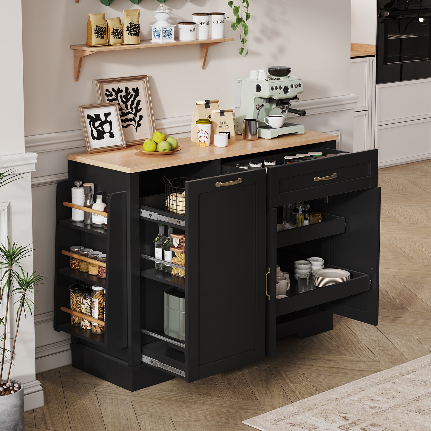 Modern Elegant Sideboard With 3 Doors And One Drawer, Buffet Cabinet With Pull-Out Shelves For Dining Room, Living Room And Kitchen  Black