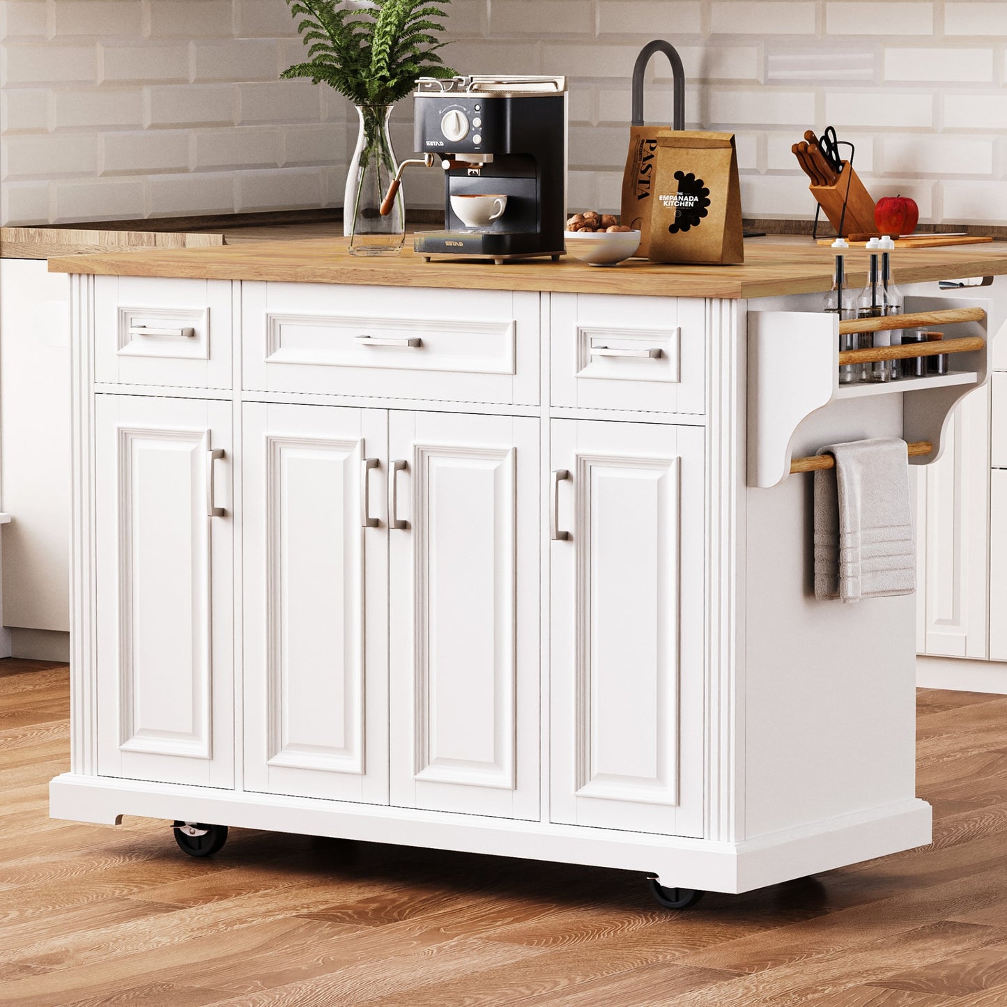 K&K 54inch Large Kitchen Island With Rubber Wood Drop Leaf, Embossed Texture Rolling Kitchen Cart On 4 Wheels With 4 Doors And 3 Drawers, Kitchen Island With Storage For Kitchen, Dining Room,White