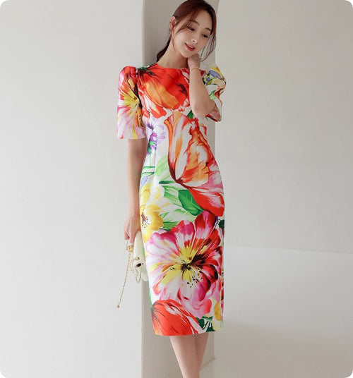 Korean Style Elegant Retro Print Round Neck Short-sleeved Top