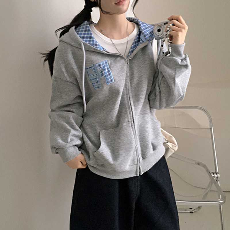 Korean Style Autumn New Machine Embroidery Letters Retro Plaid Zipper Sweater