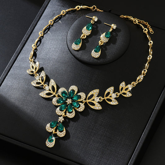 Womens Rhinestone Inlaid Teardrop Floral Tassel Jewelry Set,Necklace And Earrings Costume Accessories For Daily Banquet Wear