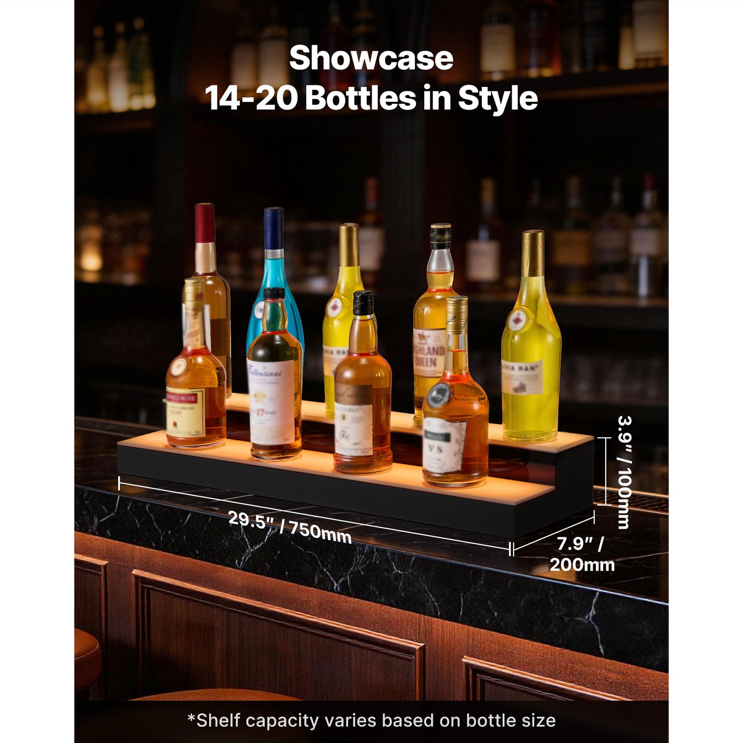 LED Lighted Liquor Bottle Display, 2 Tiers 30 Inches, Supports USB, Acrylic Illuminated Home Bar Shelf Display With RF Remote & App Control, 9 Static Colors, Timing Mode, For 14-20 Bottles