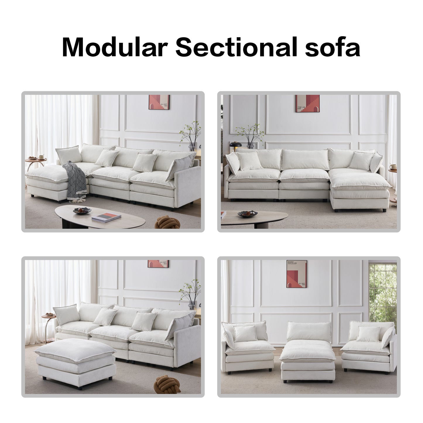 Premium Chenille Modular Corner Sofa  3 Seater With Chaise Lounge & Stool, Comfortable L-Sofa For Small Apartments, Living Room & Lounge, Breathable Family Seating Comfort
