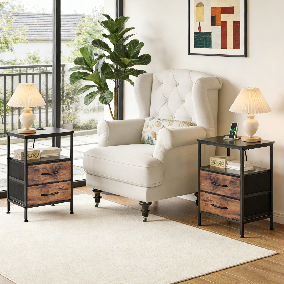 A Small Bedside Table With A Charging Station And Two Fabric Drawers, And A Side Bedside Table