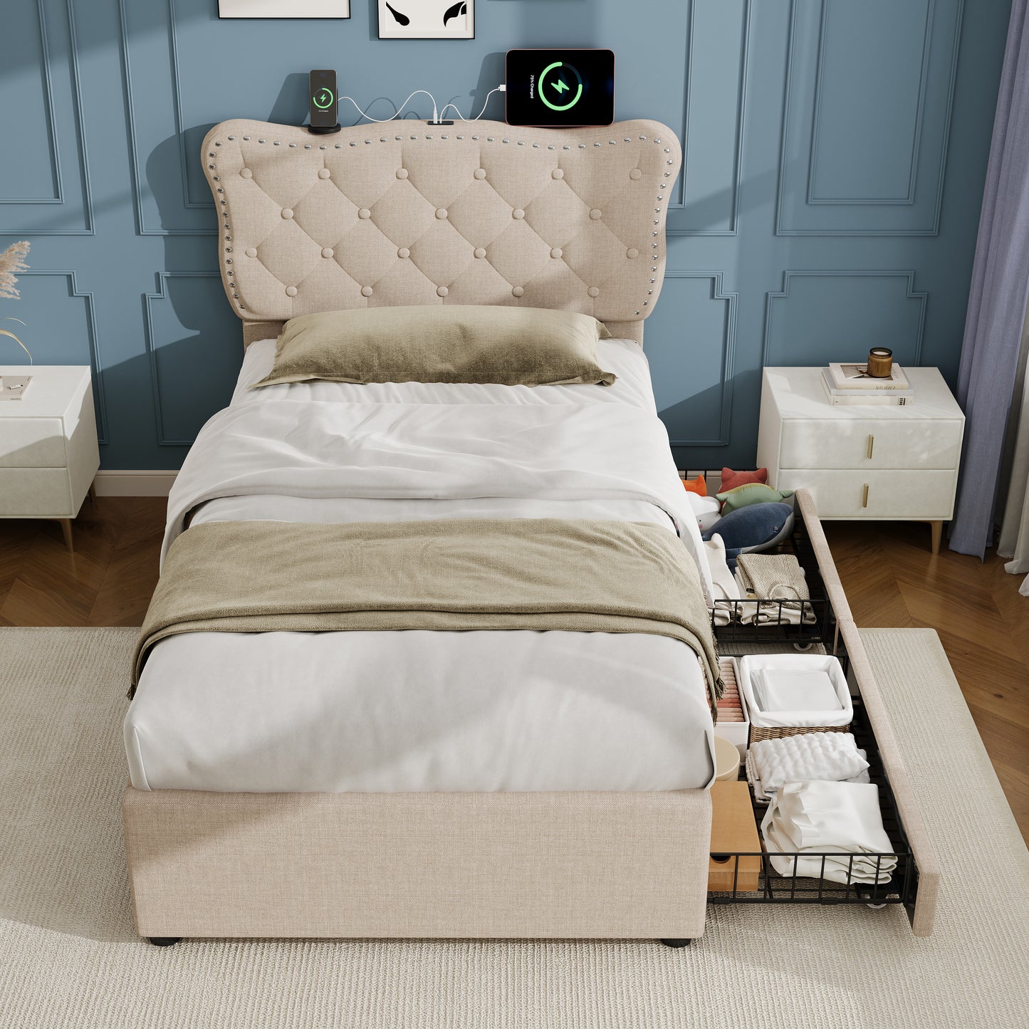3ft Single Upholstered Bed With Rivet Design And Charging Station, Two Storage Drawers, Adjustable Button Tufted Headboard With USB & Type-C Ports, No Box Spring Needed, Linen, Beige   No Mattress
