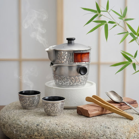 925 Sterling Silver Handcrafted Ornate Silver Tea Infuser Set with Intricate Floral Engravings and Red Wood Inlay - Handicraft