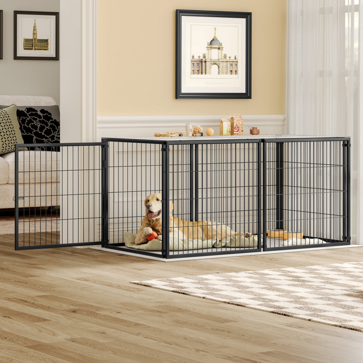 Large Dog Cage 63.7 Dog Kennel For Medium Dogs Puppy Dog Playpen With Top, Pet Cage, Indoor, Black.63.7W X 34.2D X 31.7H.
