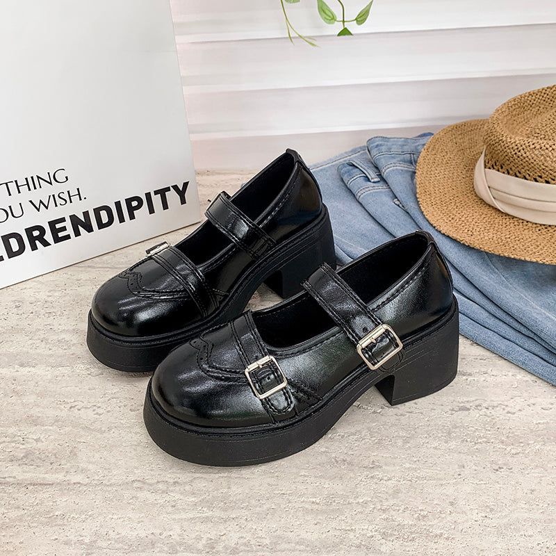 Fashion Cute Mary Jane Shoes For Women With Strap Buckle Decor, Chunky Platform Comfort Block Heel Elevated Leather Flats
