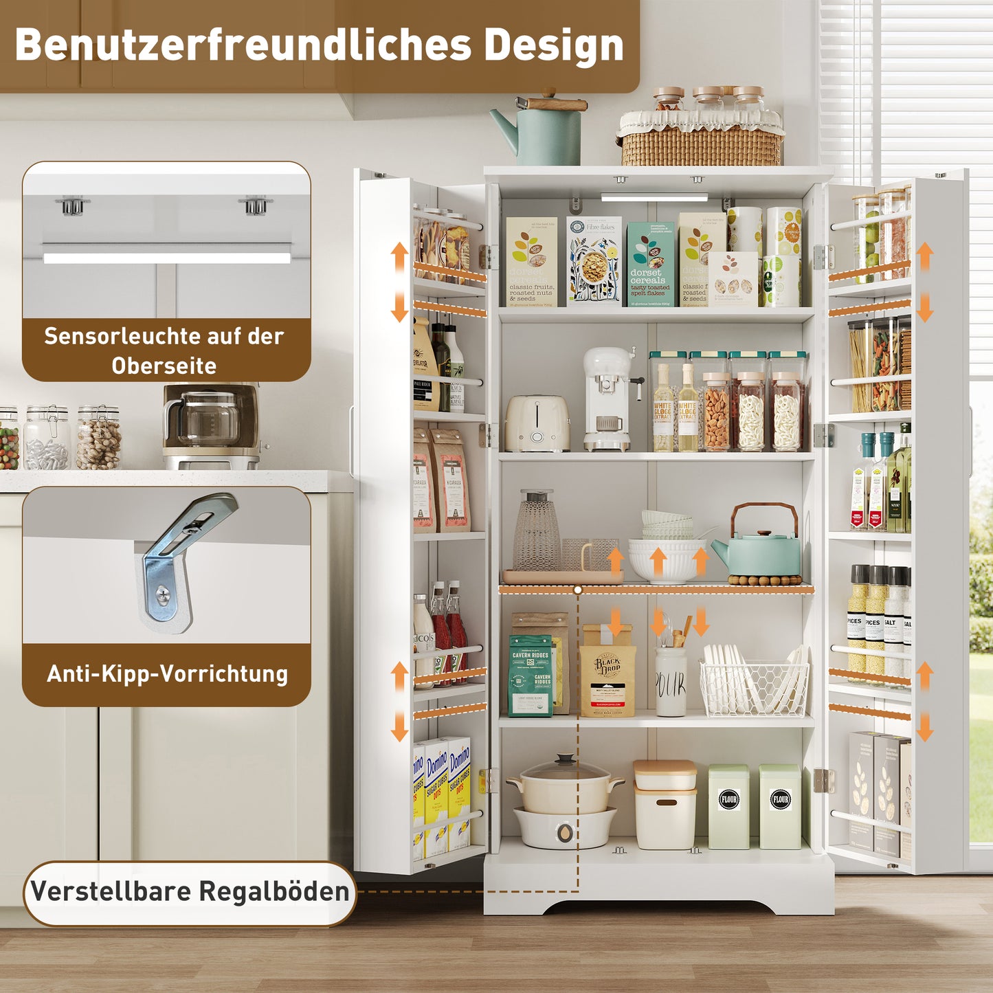 60x35x128cm, White, Multifunctional Kitchen Cabinet With LED Sensor Light, Height-adjustable Shelves, Double Door With Storage Compartment, Anti-tilt Device, Suitable For Kitchen, Living Room And Dini