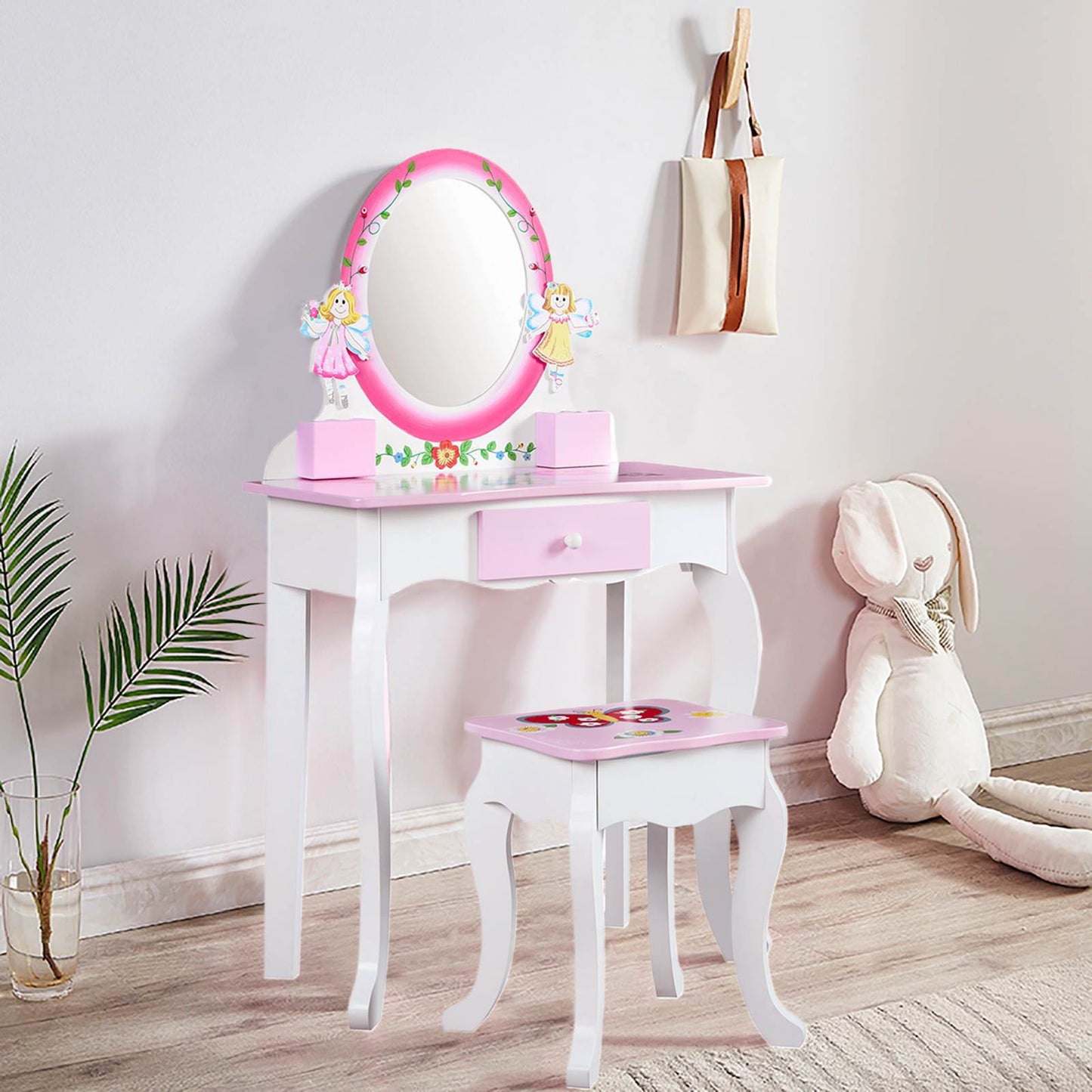 Kids Vanity Set Floral Printed Wooden Makeup Dressing Princess Table With Mirror And Stool For Role Playing Pink