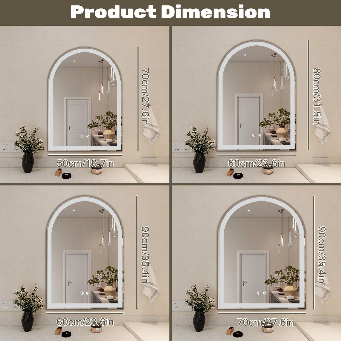 Smart Anti-fog LED Bathroom Mirror Arch Shape Dual Light 3 Color Temperatures Memory Dimming