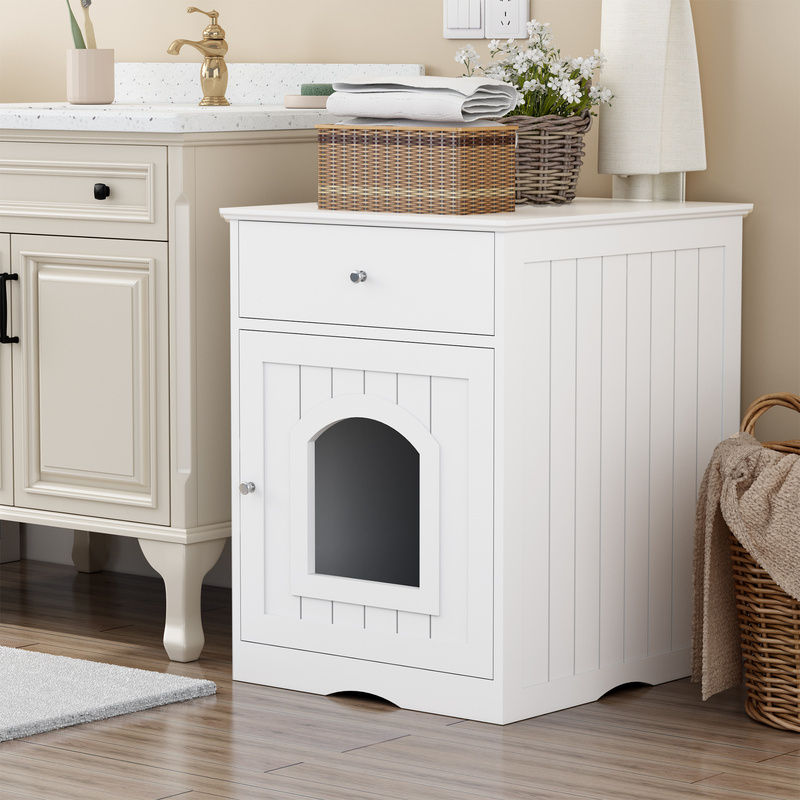 White Wooden Cat Litter Box Enclosure W Drawer & Side Table, Indoor Pet Crate Nightstand For Home