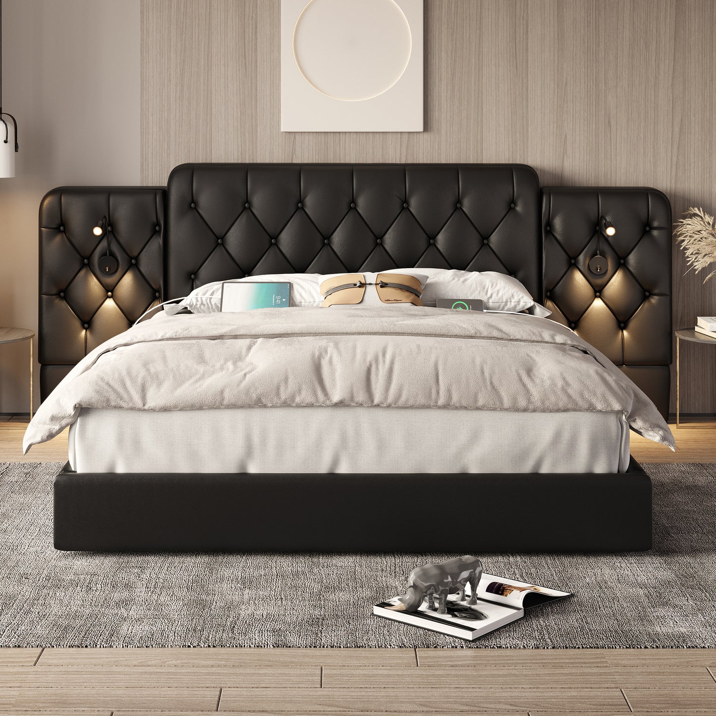 Old SKU W1880S00073 Bed Frame With Long Headboard, Fashionable Velvet Material, Multiple USB Ports, Desk Lamp, Hydraulic System, Extra Large Storage Space At The Bottom, 160 X 200 Cm, Black