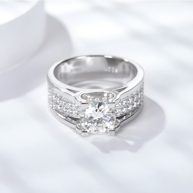 S925 Sterling Silver Wide Band Moissanite Ring, 1&2ct D-VVS1 Split Shank Pave Design, Platinum Plated US Sizes 5-9, GRA Certified Gift Box