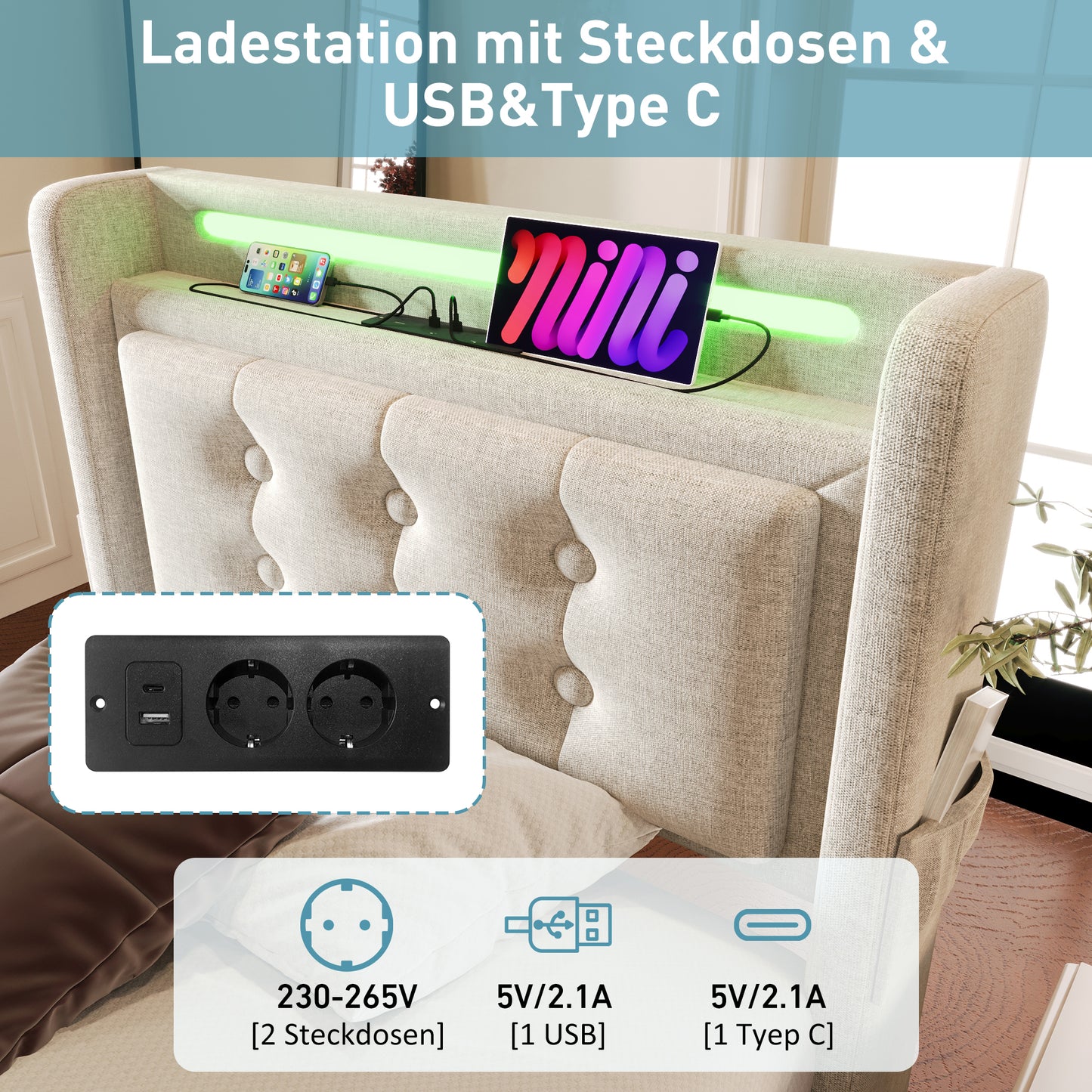 Upholstered Bed 90x200, Single Bed With LED Headboard And USB C Charging Function, Hydraulic Bed With Wooden Slatted Base And Metal Frame, Load Capacity 150 Kg, Beige,cotton Without Mattress