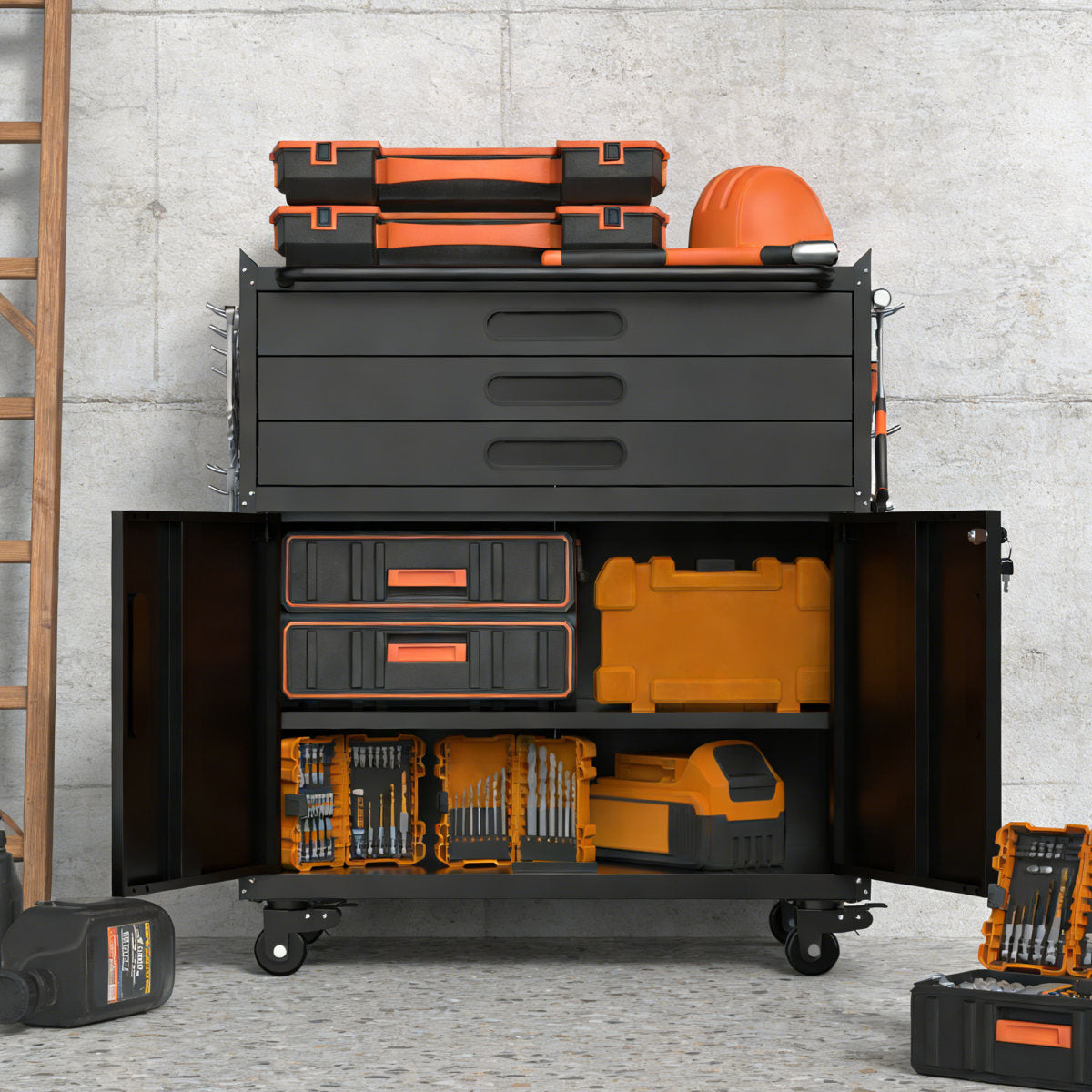 34.3 Rolling Metal Tool Cabinet - Heavy Duty Garage Storage With Lockable Doors & 3 Drawers, Mobile Workbench Organizer For Garage, Workshop, Home
