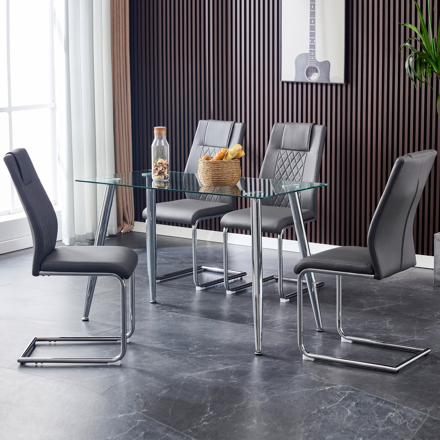 Modern Dining Chairs With Faux Leather Padded Seat Dining Living Room Chairs Upholstered Chair With Metal Legs Design For Kitchen, Living, Bedroom, Dining Room Side Chairs Set Of 4  Grey PU C-001