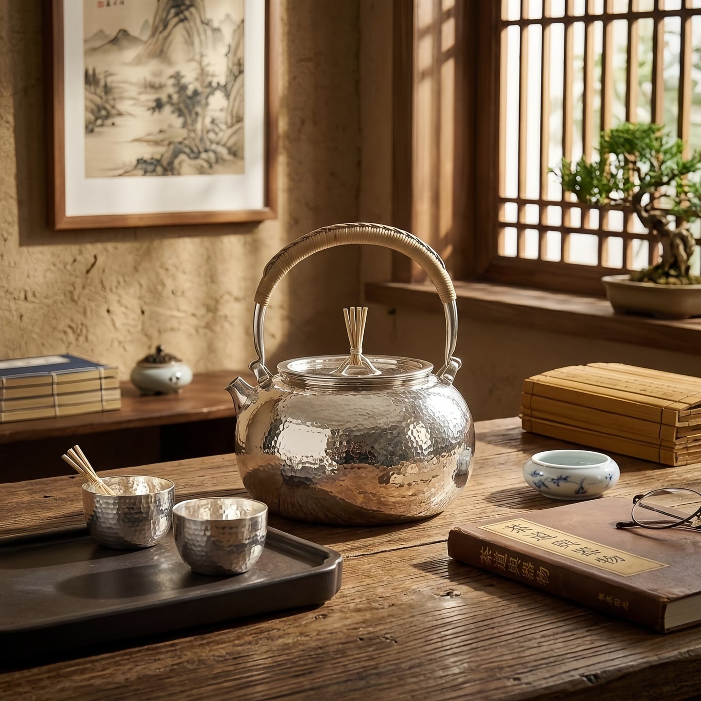 925 Sterling Silver Artisan Crafted Hammered Silver Tea Kettle with Traditional Woven Rattan Handle - Handicraft