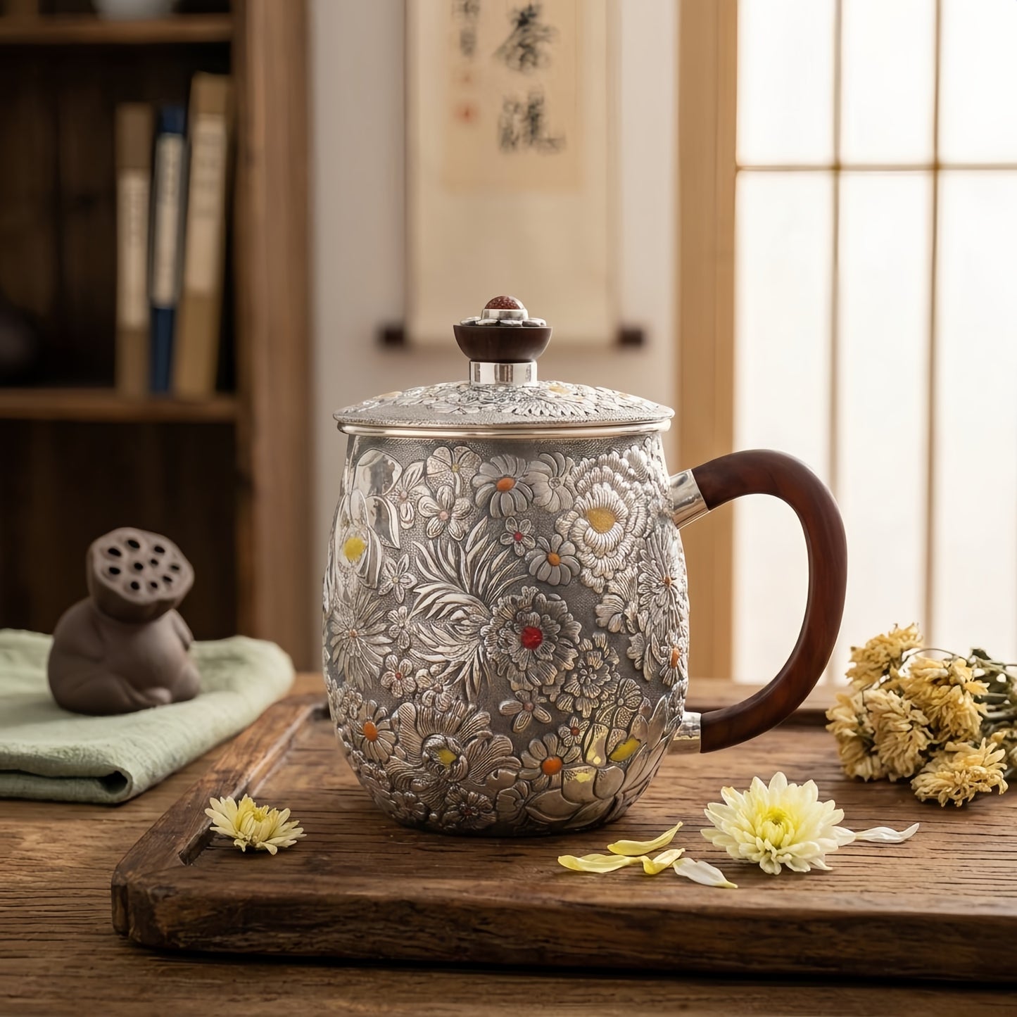 Pure 999 Fine Silver Ornate Handcrafted Floral Embossed Silver Tea Mug with Dark Wood Handle and Lid - Handicraft