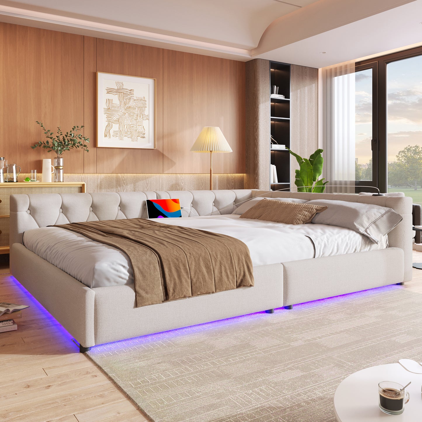 WX001034AAA Sofa Bed, Daybed, Daybed, 140x200cm, Sofa Bed With Slatted Base  Without Mattress , Ambient Lighting With Remote Control, Headboard With Button Tuft, Usb Type-c, Linen, Beige