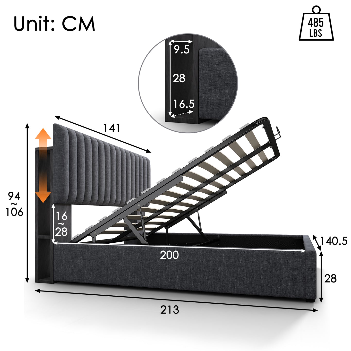 Upholstered Bed Storage Double Bed LED App-Control Bed With Charging USB Type C Charging Function, Storage Space & Adjustable Headboard, 140x200cm Wooden Slatted Frame, Grey Without Mattress