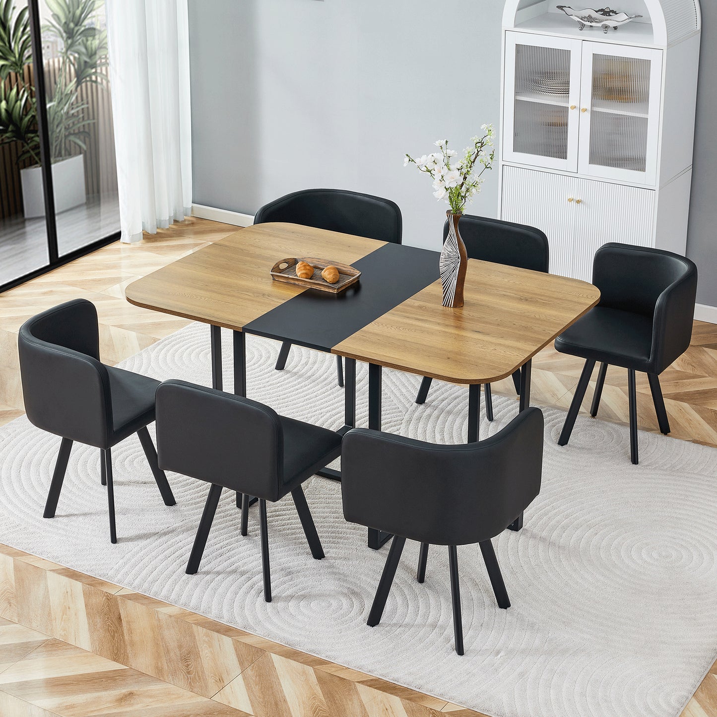 7-Piece Dining Table Set For 6, 1 Table & 6 Black PU Upholstered Chairs, Black & Wood Grain Melamine Table, Modern Kitchen Nook Set For Dining Room, Apartment & Small Space
