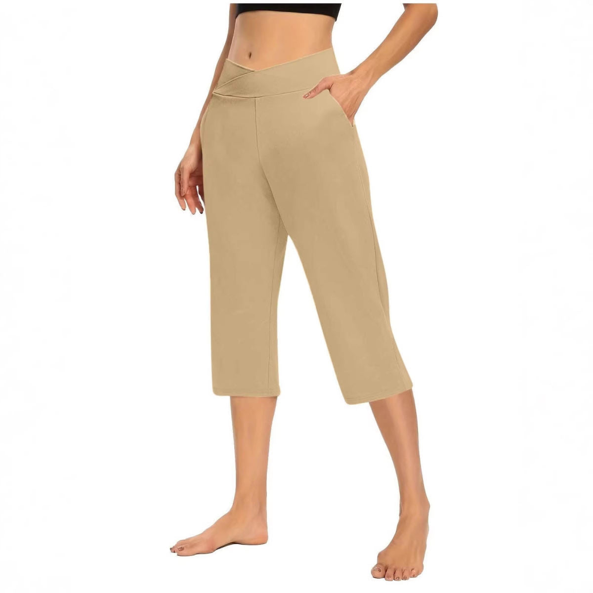 Womens Solid-Color V-Neck Yoga Capri Pants With Pockets
