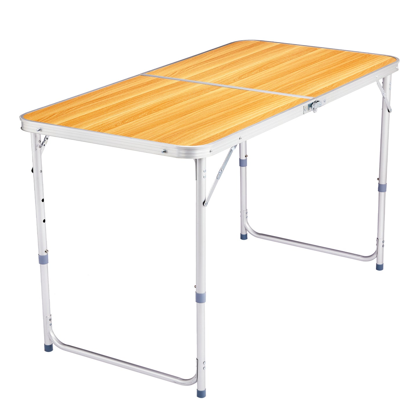 4FT Adjustable Height Folding Table, 120-60cm Portable Aluminum Foldable Camping Table Wood Grain Utility Table For Picnic BBQ Party Indoor Outdoor