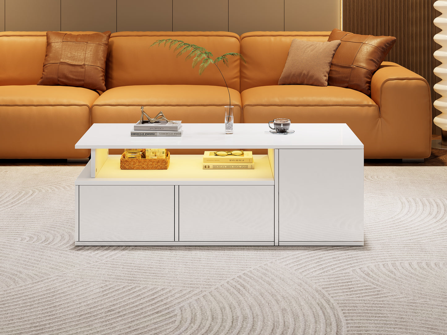 100x50x35cm Tea Table With LED, Living Room Coffee Table, Sofa Table With 2 Drawers, Coffee Table With Total Load Capacity Of 60kg, White Living Room Table With Plenty Of Storage