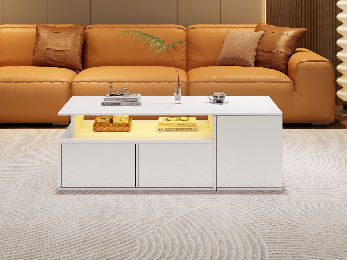 100x50x35cm Tea Table With LED, Living Room Coffee Table, Sofa Table With 2 Drawers, Coffee Table With Total Load Capacity Of 60kg, White Living Room Table With Plenty Of Storage