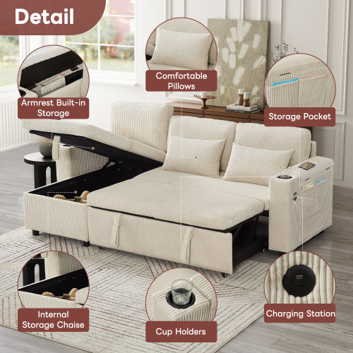 3 In 1 Convertible Corduroy Sofa Bed With Storage Chaise, L Shaped Sleeper Sofa Couches With Armrest Storage And Charging Station. Pullout Sectional Daybed For Living RoomBedroomOffice, Grey