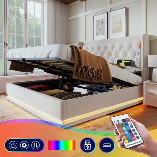 Sofa Bed Double Bed 160x200 Cm, Beige Cotton Material Hydraulic Storage Bed, Cushioned Headboard With USB Type-C Charging Function, 3-sided LED Function  Without Mattress