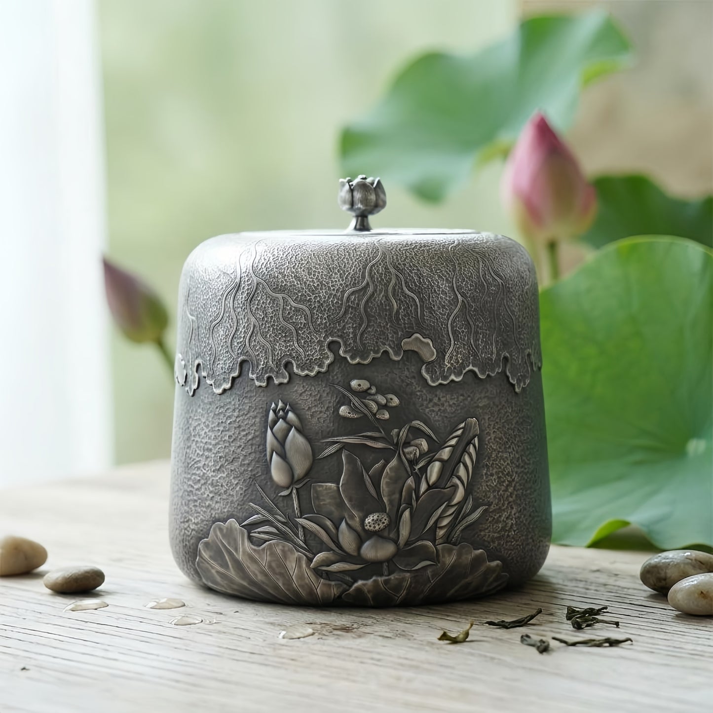 Pure 999 Fine Silver Exquisite Hammered Pewter-Tone Tea Canister with Detailed Lotus Floral Relief and Bud Finial - Handicraft