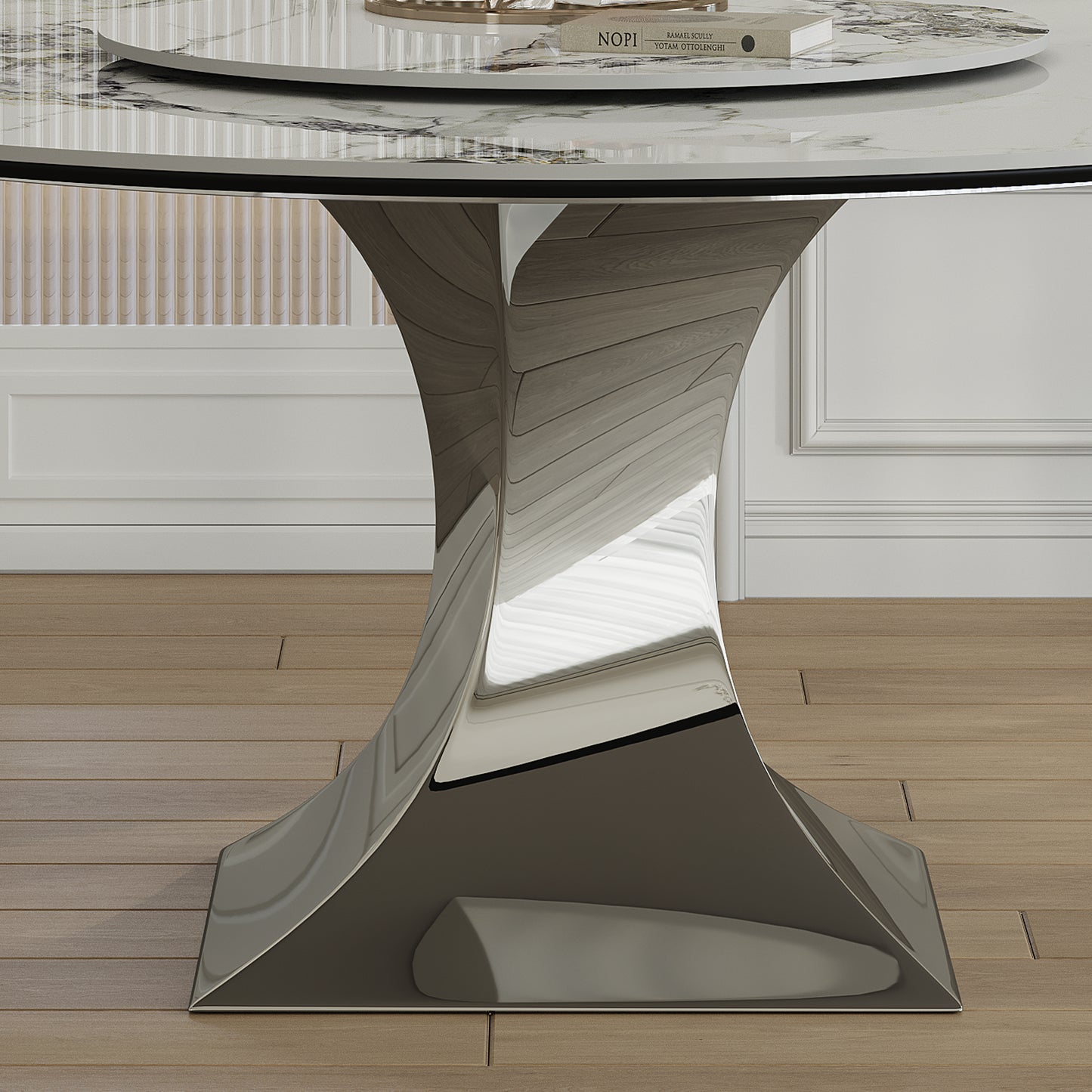 59 Round Sintered Stone Dining Table Set With Stainless Steel Black Titanium Hourglass Base - Modern Luxury Marble-Look Kitchen Table For 4-6  Scratch & Heat Resistant Surface- Only Table