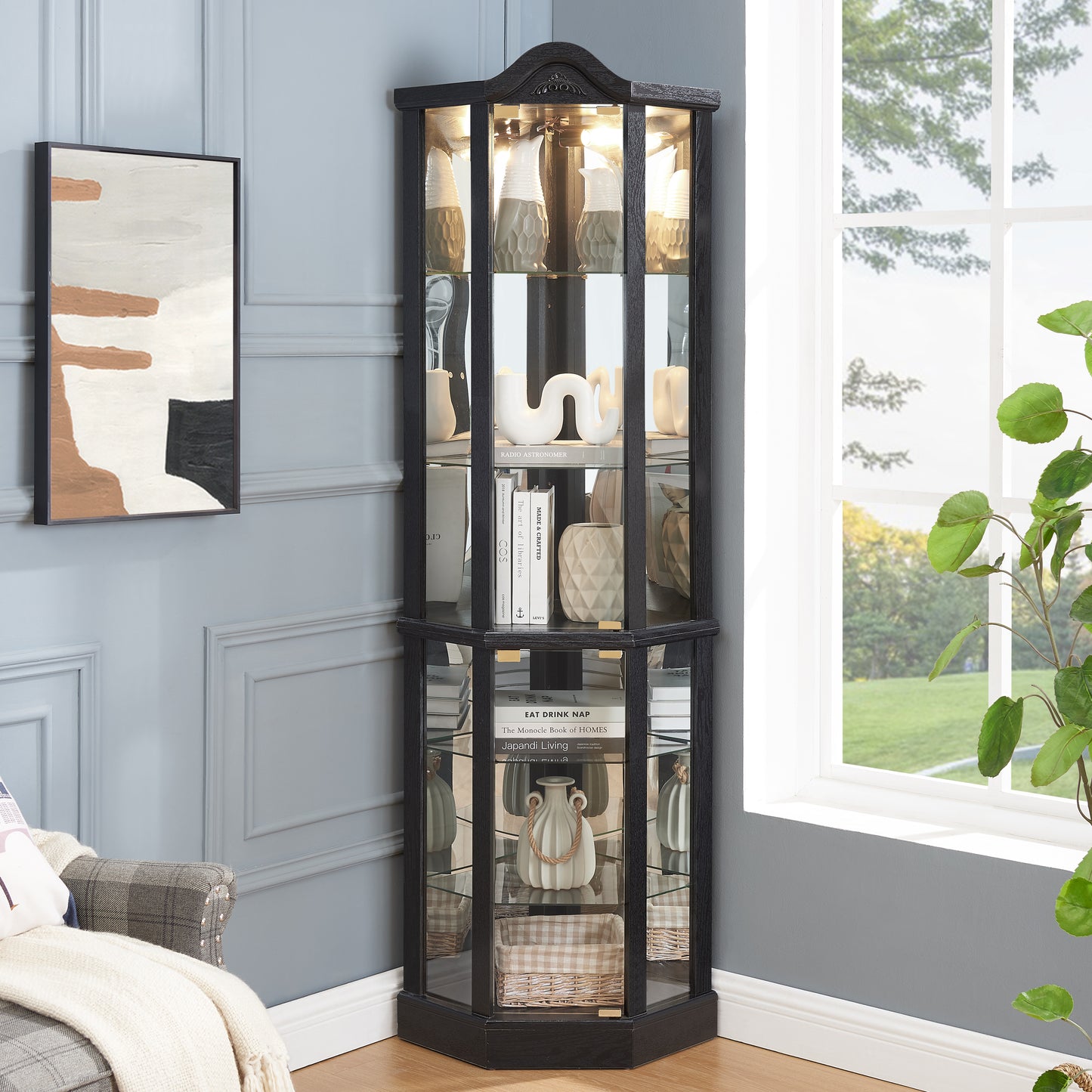 Lighted Glass Display Cabinet Corner Curio Cabinet With Adjustable Shelves Carved Cherry Decoration Wine Cabinet Perfect For Home Or Office Use-BLACK