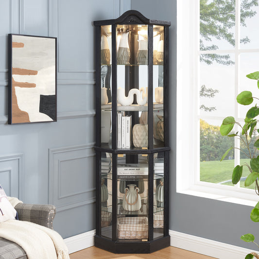 Lighted Glass Display Cabinet Corner Curio Cabinet With Adjustable Shelves Carved Cherry Decoration Wine Cabinet Perfect For Home Or Office Use-BLACK