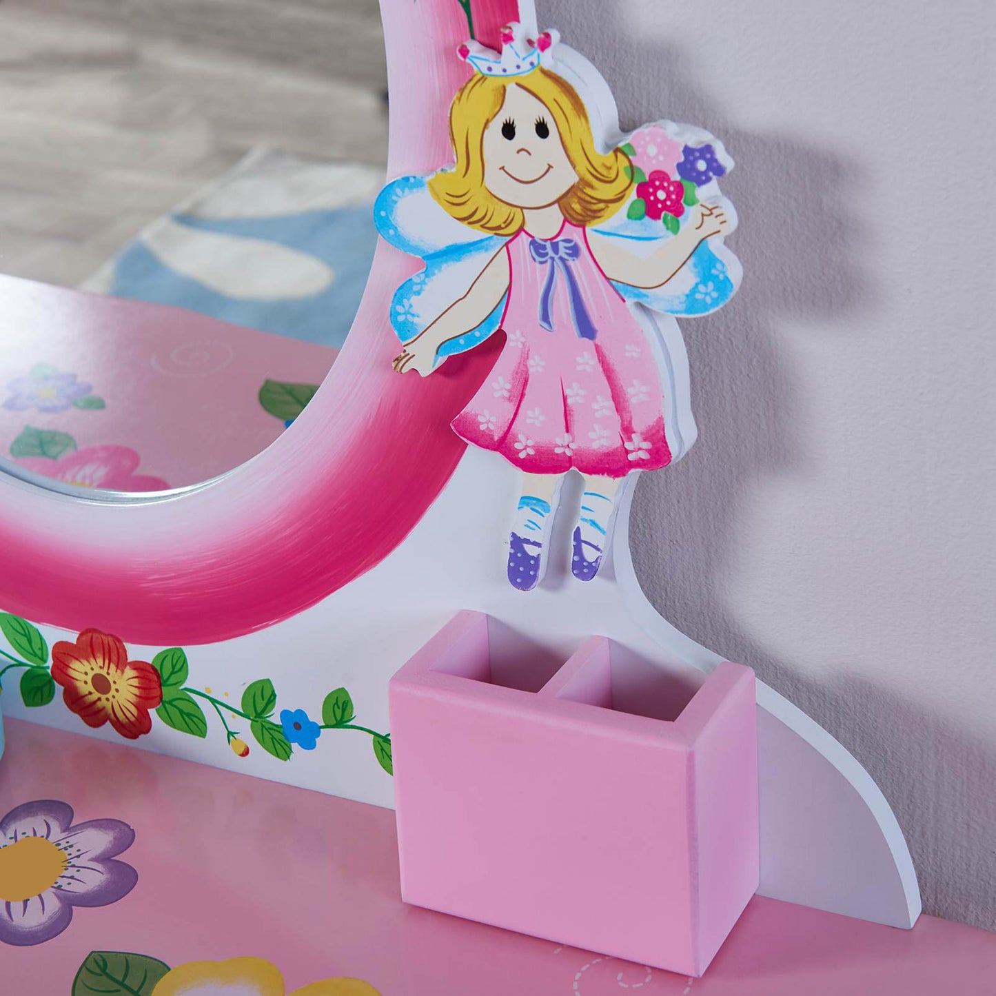 Kids Vanity Set Floral Printed Wooden Makeup Dressing Princess Table With Mirror And Stool For Role Playing Pink