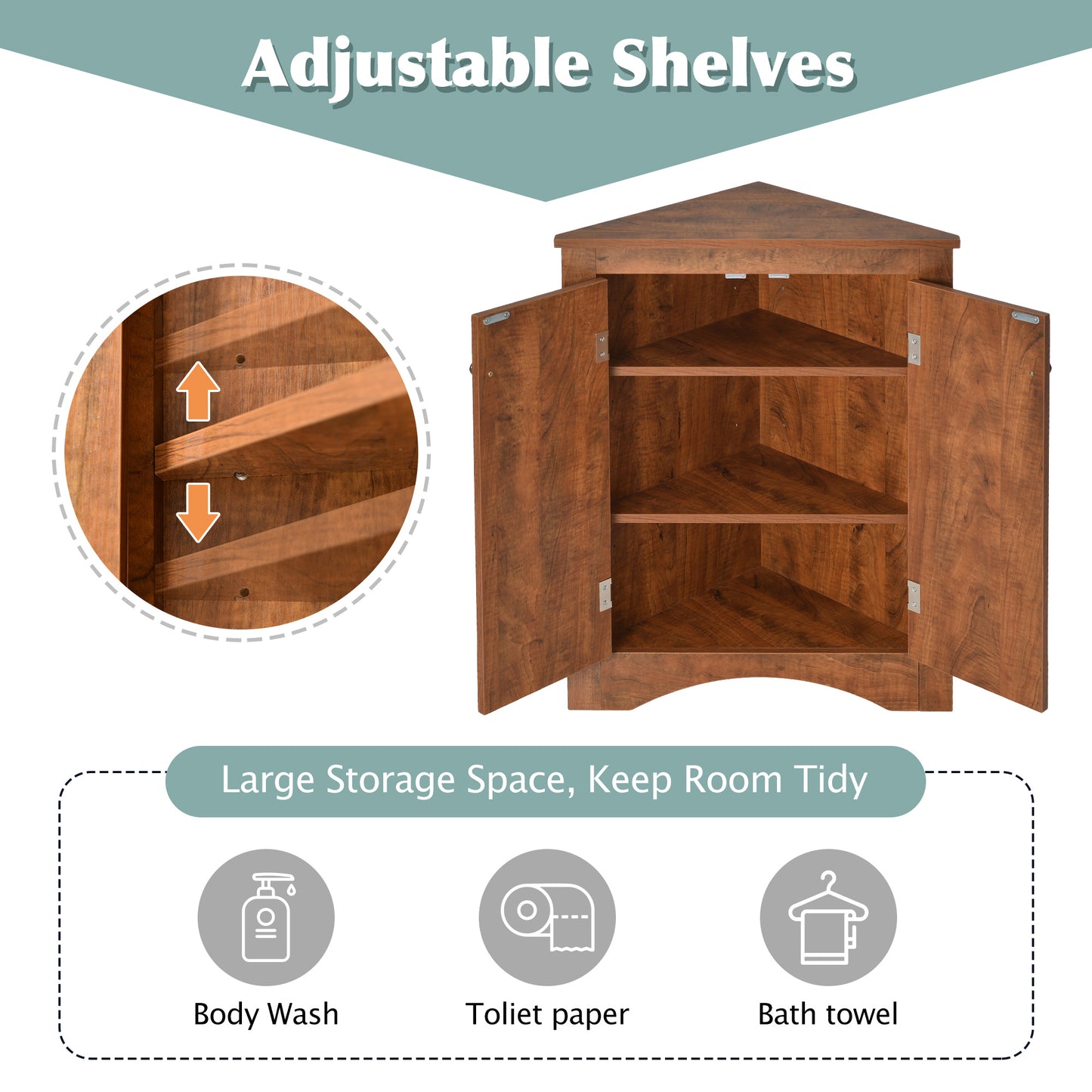 Brown Triangle Bathroom Storage Cabinet With Adjustable Shelves, Freestanding Floor Cabinet For Home Kitchen