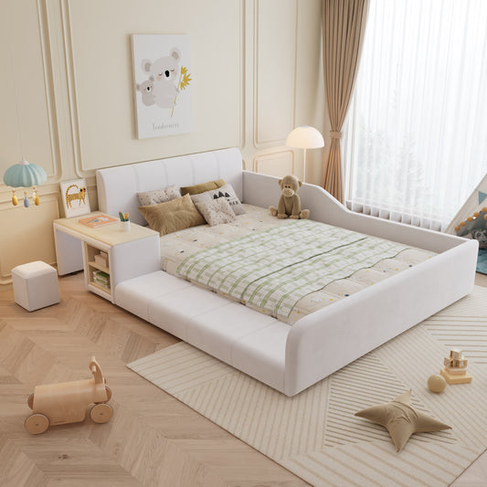 Upholstered Bed With Children's Desk And Stool, With Shelf, Soft Headboard, Children's Bed With Wooden Slats, Velvet, White, 140x200cm
