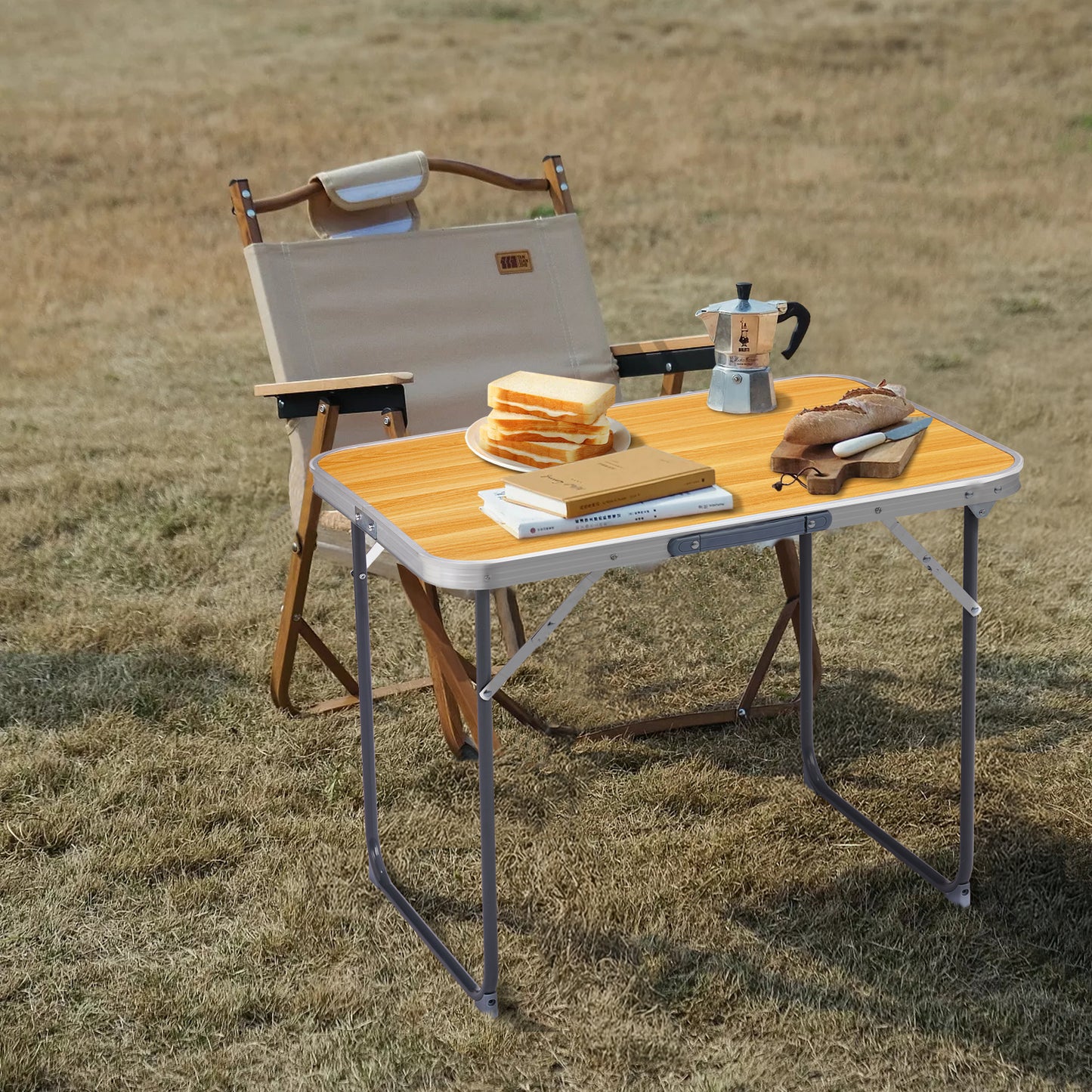 2.3ft Portable Aluminum Folding Table, Indoor & Outdoor Lightweight Picnic Camping Desk, Wood Grain Foldable Table With Carry Handle